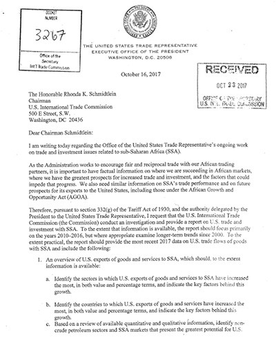 DOWNLOAD: USTR request letter  - Investigation into US-SSA trade