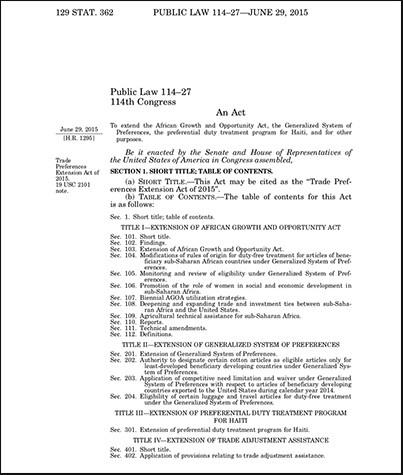 DOWNLOAD: AGOA law 114-27: Trade Preferences Extension Act of 2015 (AGOA renewal legislation 2015-2025)