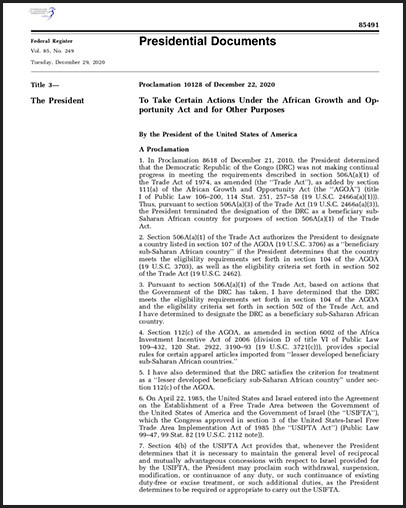 DOWNLOAD: Proclamation reinstating AGOA preferences to Congo DRC