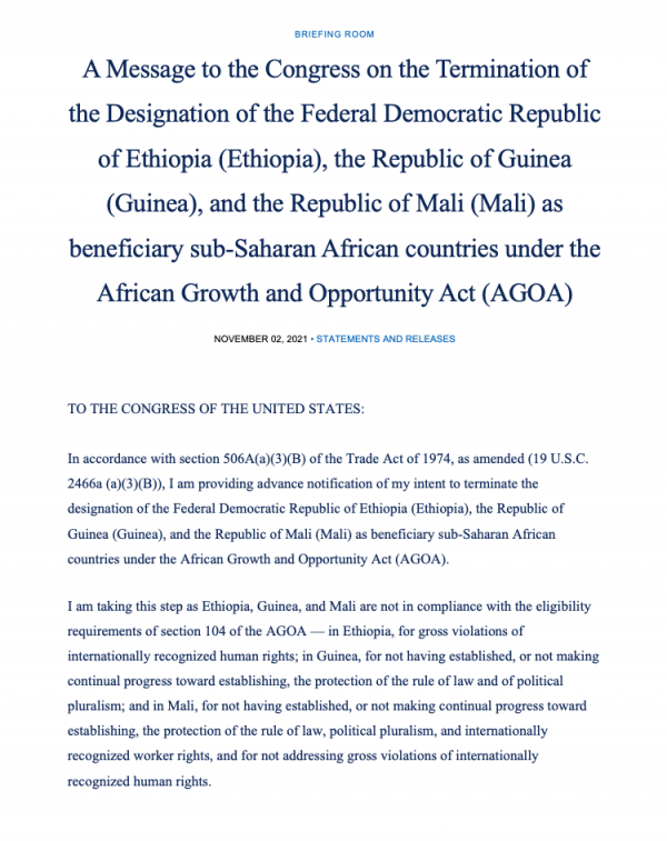 DOWNLOAD: Message to the Congress on the termination of the designation of Ethiopia, Mali, Guinea