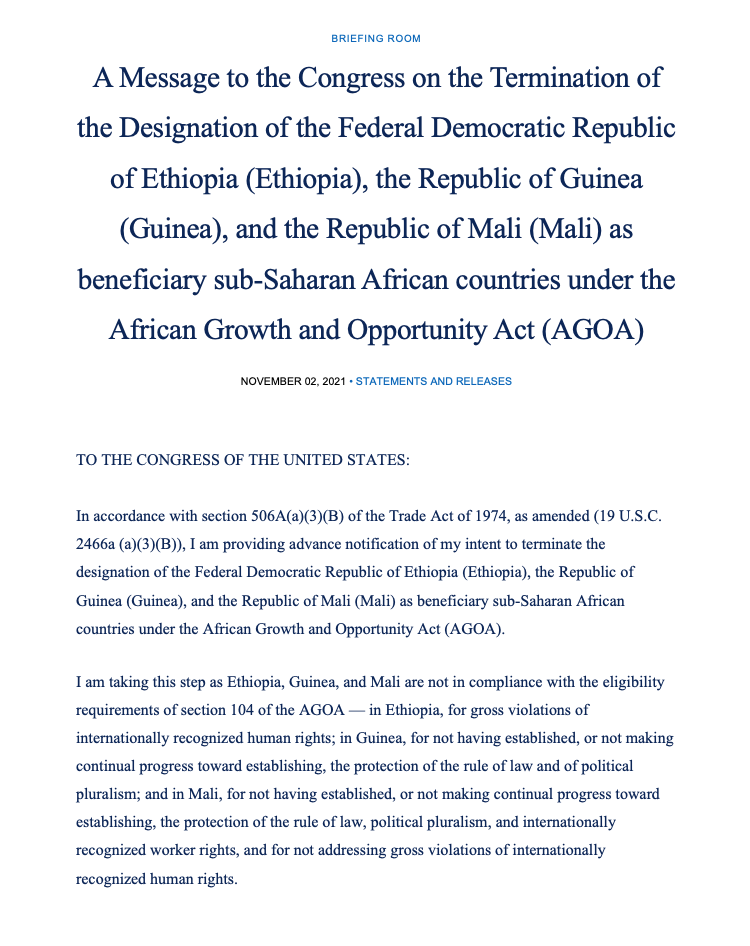 Message to the Congress on the termination of the designation of Ethiopia, Mali, Guinea