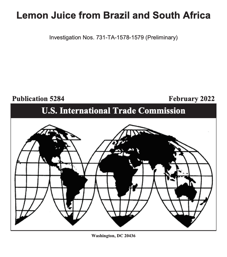 Lemon juice from Brazil and South Africa - USITC Investigation Nos. 731-TA-1578-1579 (Preliminary)