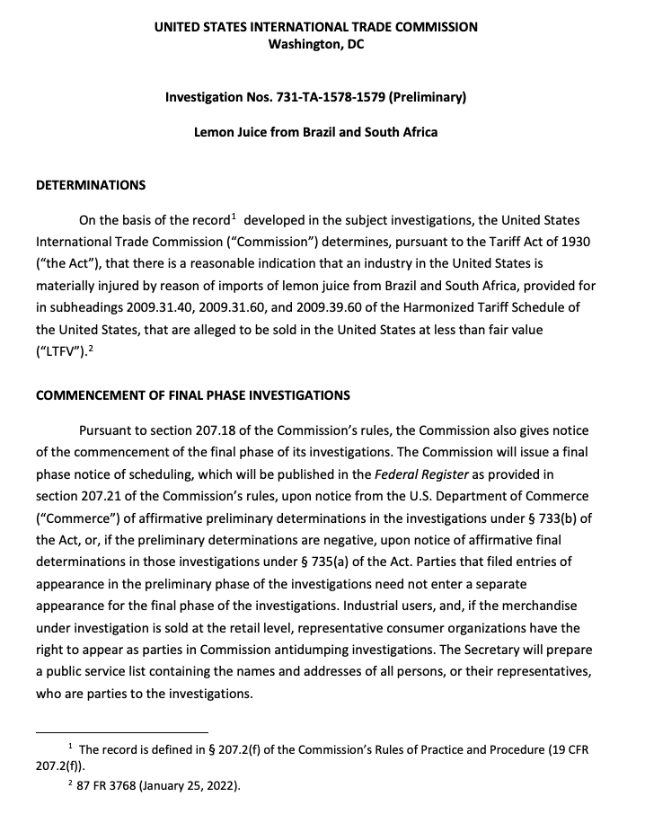 USITC preliminary determination on allegations of dumping of lemon juice from South Africa and Brazil