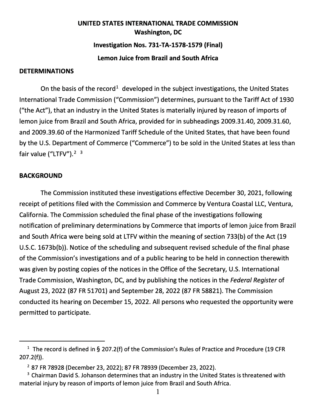 USITC - Investigation Nos. 731-TA-1578-1579 (Final) - Lemon Juice from Brazil and South Africa