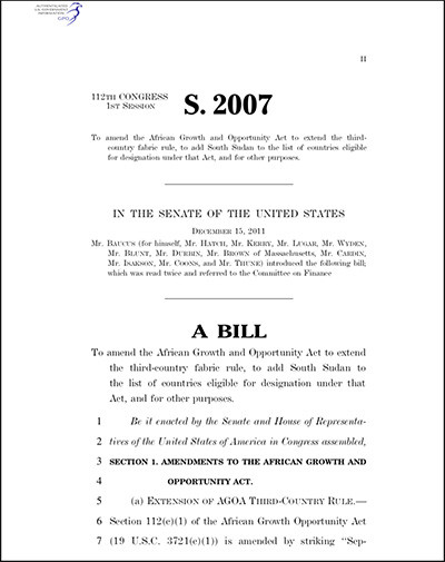 DOWNLOAD: Senate bill to extend the AGOA third country fabric provisions, and AGOA eligibility to S Sudan