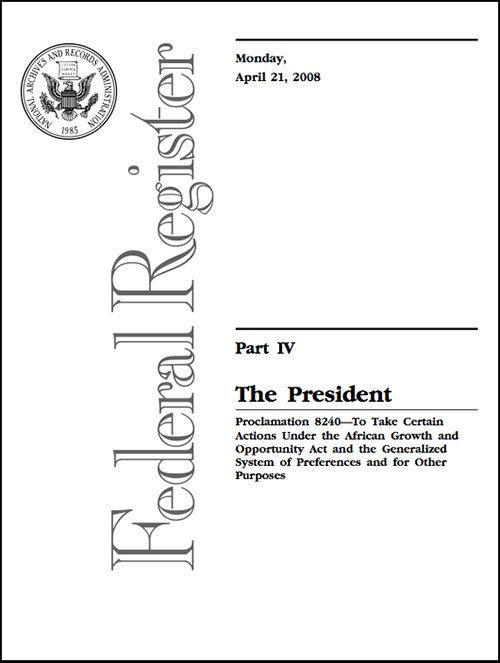 Proclamation 8240 Federal Register Notice 77, declaring Togo AGOA-eligible