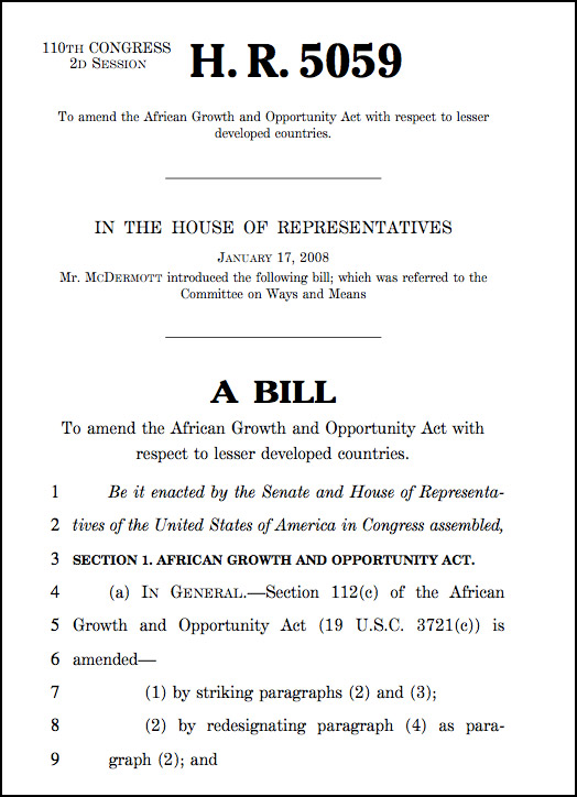 House of Representatives Bill HR 5095 to include Mauritius under the AGOA fabric waiver programme