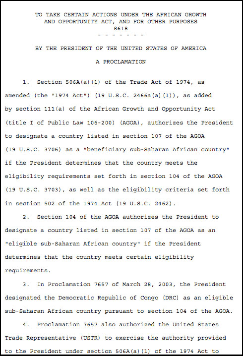 Presidential Proclamation ceasing the Congo-DRC's eligibility for AGOA preferences