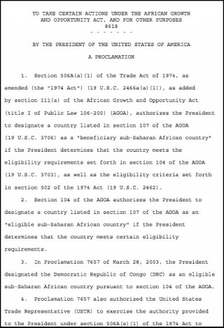 DOWNLOAD: Presidential Proclamation ceasing the Congo-DRC's eligibility for AGOA preferences