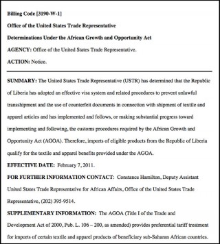 DOWNLOAD: USTR text: Liberia qualifies for textile preferences under AGOA 2011