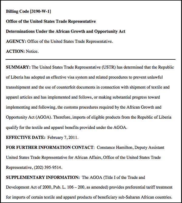 USTR text: Liberia qualifies for textile preferences under AGOA 2011
