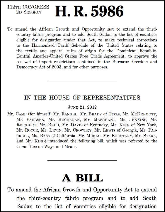 Bill H.R. 5986 - submitted to House Ways and Means 21 June 2012 to extend AGOA third country fabric provisions