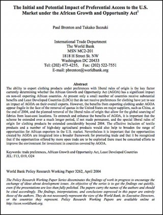 DOWNLOAD: The initial and potential impact of preferential access to the US market under AGOA (World Bank-Brenton)