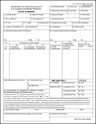 DOWNLOAD: US Customs (CBP) Form 7501 for US Imports
