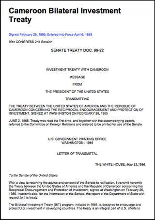 DOWNLOAD: Cameroon - United States Bilateral Investment Treaty (BIT)