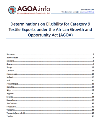 Category 9 Determinations on eligibility for textile exports under AGOA - all countries