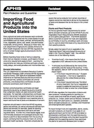 DOWNLOAD: APHIS Factsheet on importing food and agricultural products into the United States