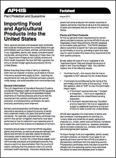 APHIS Factsheet on importing food and agricultural products into the United States