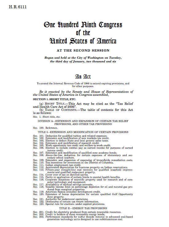 Bill H.R. 6111 (109th Congress): Tax Relief and Health Care Act of 2006 (contains AGOA IV legislation)