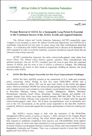 DOWNLOAD: ACTIF white paper on the renewal of AGOA in the post-2015 period