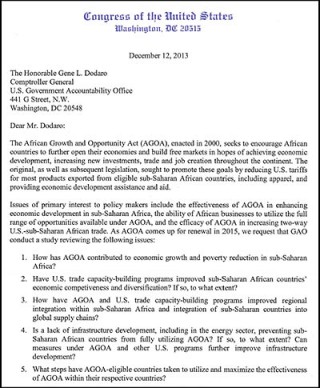 DOWNLOAD: Letter from House Committee on Foreign Affairs - regarding investigation into effectiveness of AGOA