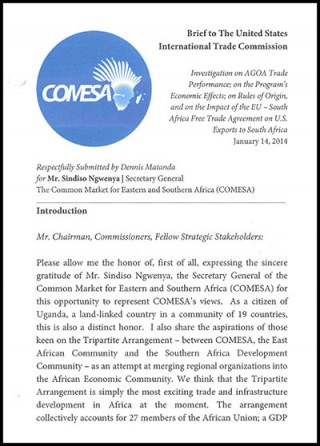 DOWNLOAD: COMESA - AGOA 2014 hearings - testimony