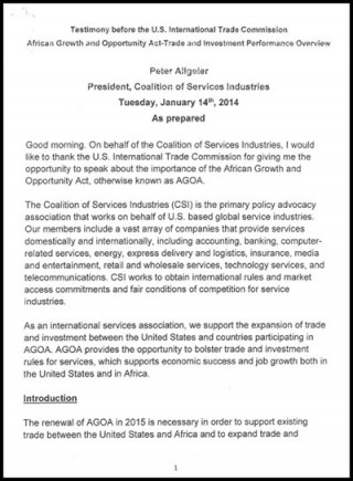 DOWNLOAD: Coalition of Services Industries - AGOA 2014 hearings - testimony