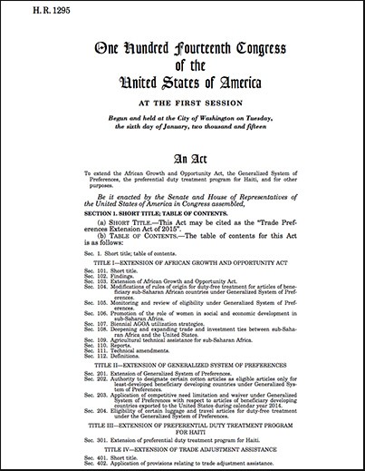 DOWNLOAD: H.R.1295 - Trade Preferences Extension Act of 2015 (AGOA 2015-2025 renewal legislation - became Public Law 114-27)