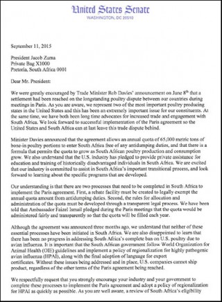 DOWNLOAD: Copy of letter by Senators Coons and Isakson to Pres Zuma re poultry