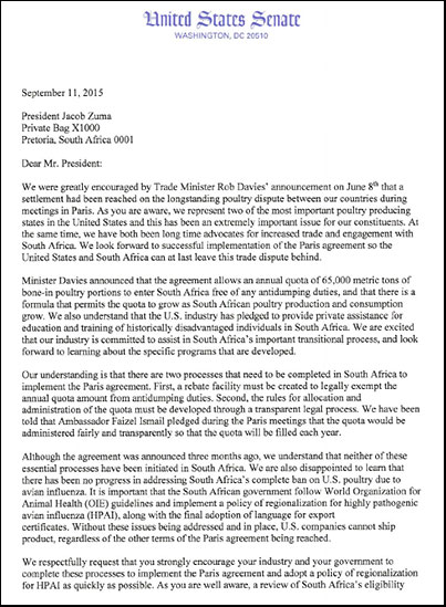 Copy of letter by Senators Coons and Isakson to Pres Zuma re poultry